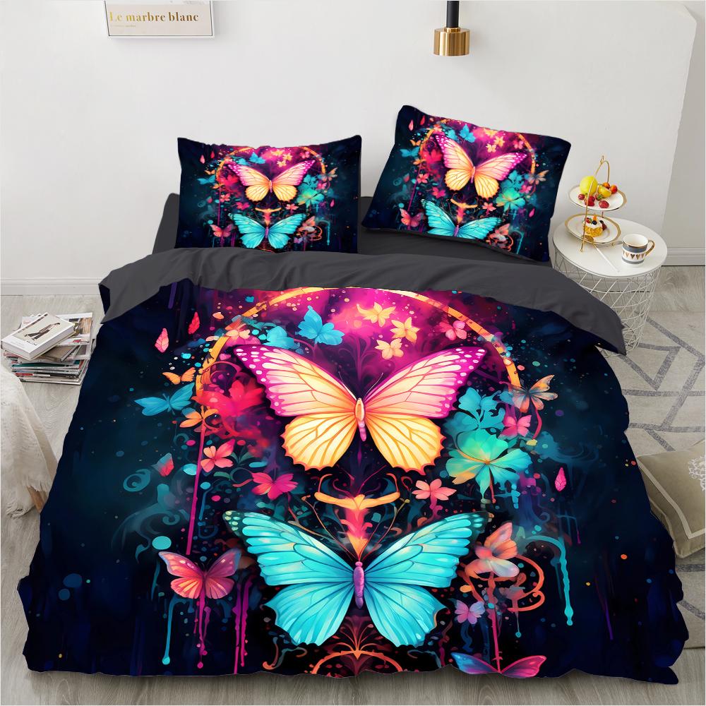 Padrão colorido retrô de borboleta com impressão 3D (conjunto de três peças) conjunto de cama de casal queen size fronha edredom