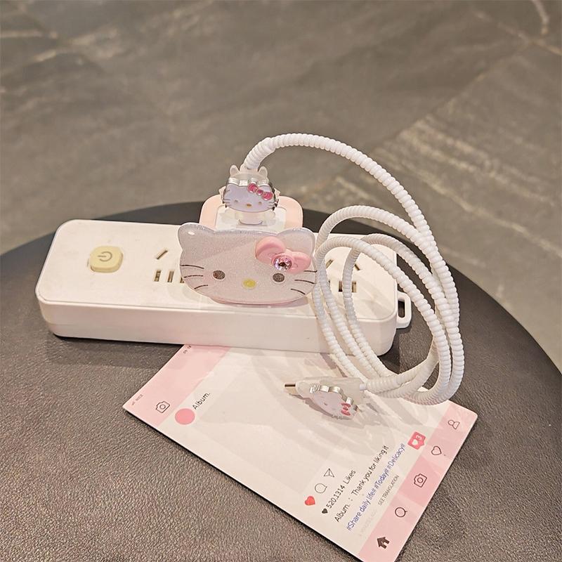 Leopard Print Hello Kitty Data Cable Protective Sleeve For Iphone 17 16 15 18/20W Charger Head Protector Cover Anti-Break Rope