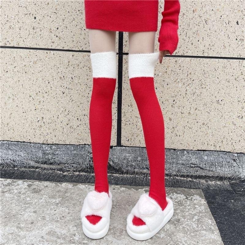 Classical Holiday Themed Cosplay Christmas Thigh High Long Socks for Women Plush Top Patchwork Over the Knee Stockings