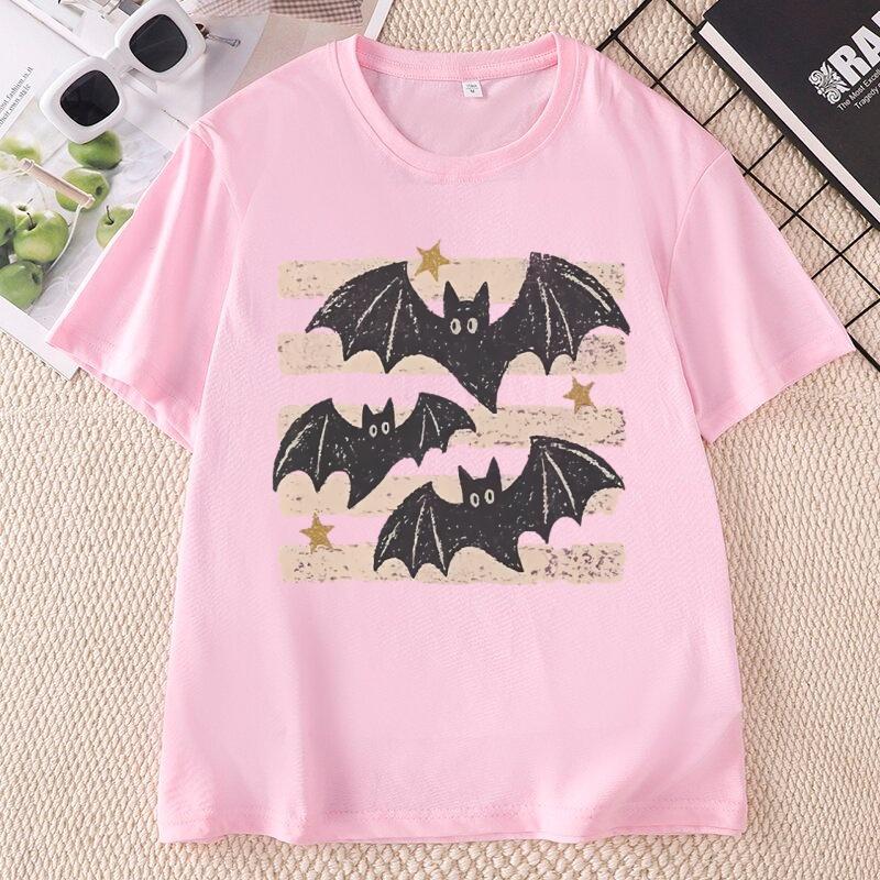 Vintage Bat Halloween TShirt Spooky Season Tee Fall Top Boho Witchy Goth Apparel T Shirts Casual Round Neck Printed Tshirts