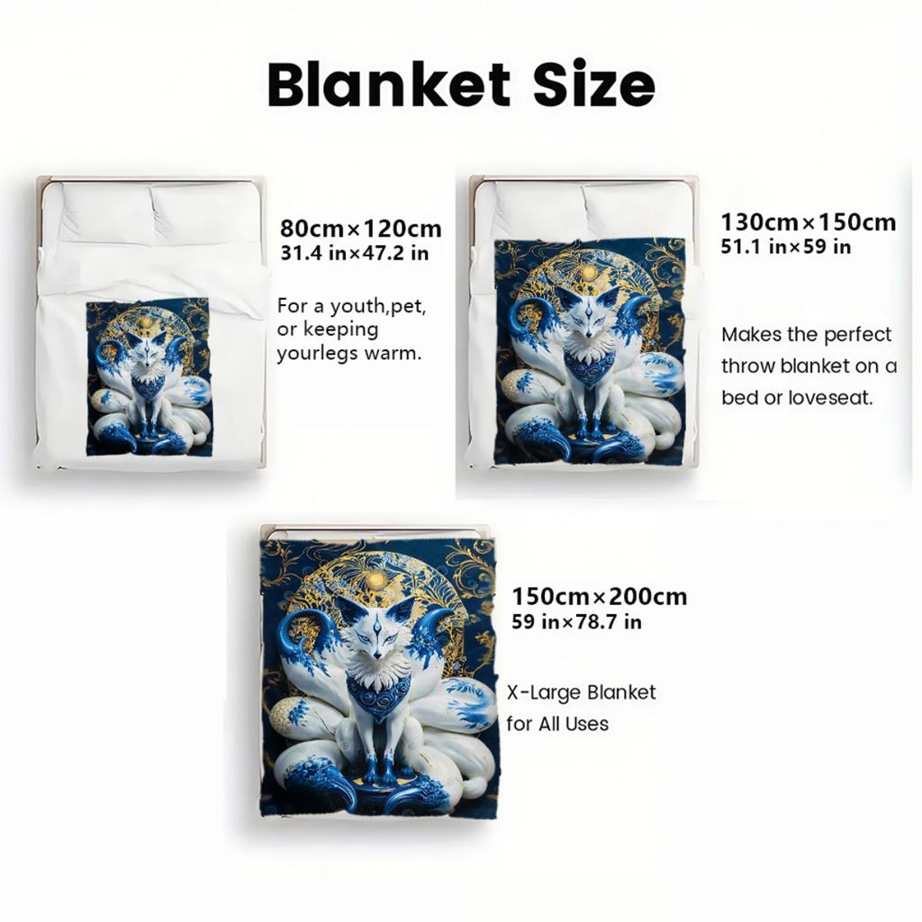 Korean Nine-Tailed Fox Blanket, Mythical Gumiho Flannel Throw, Blue Tail Design Anime Style, All Season Soft for Home Decor
