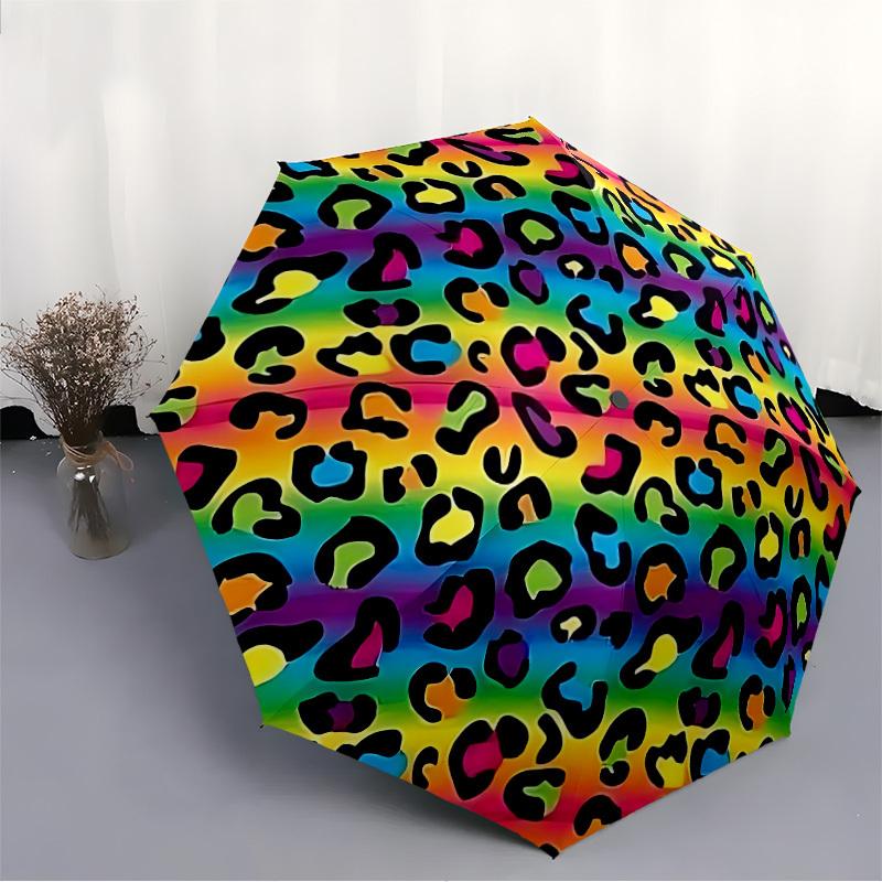 1pc Rainbow Leopard Print Folding Umbrella | Elegant Design, Fashionable Accessory, Durable Construction, Sturdy Ribs yy251107011