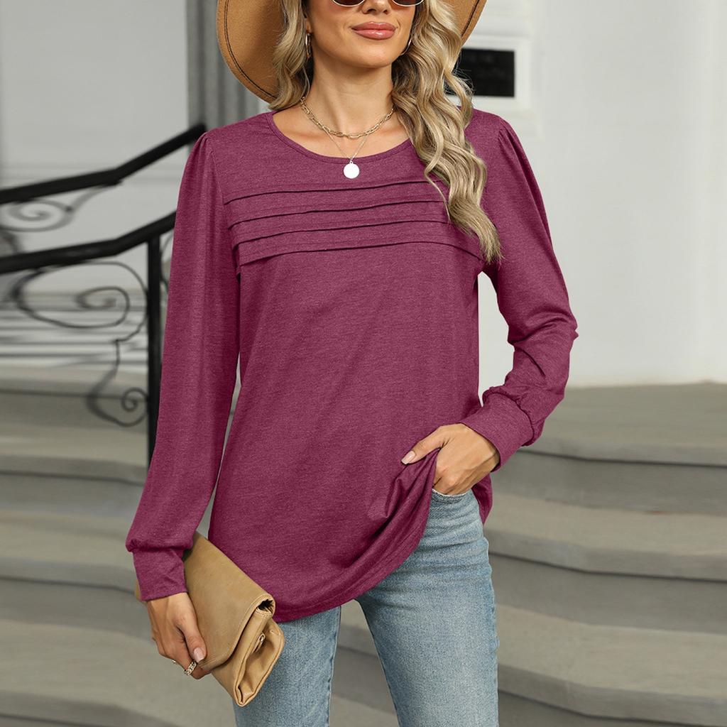 Women's Fashionable Solid Color U Neck Long Sleeved Loose T-shirt Top