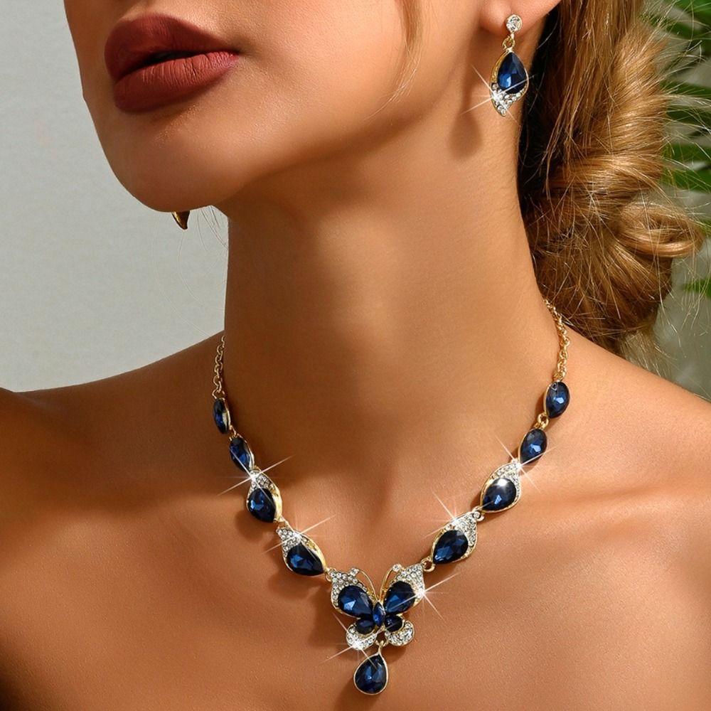 Bracelet Earrings Necklace Set Crystal Rhinestone Butterfly Jewelry Rhinestone Jewelry Set  Banquet