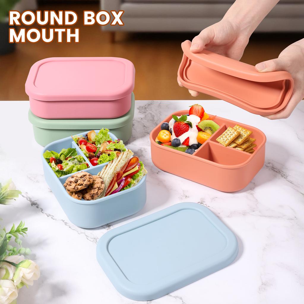 2Pcs Silicone Food Box with 3 Compartment Reusable Food Container Microwave Safe Meal Prep Box for Work Office and On The Go