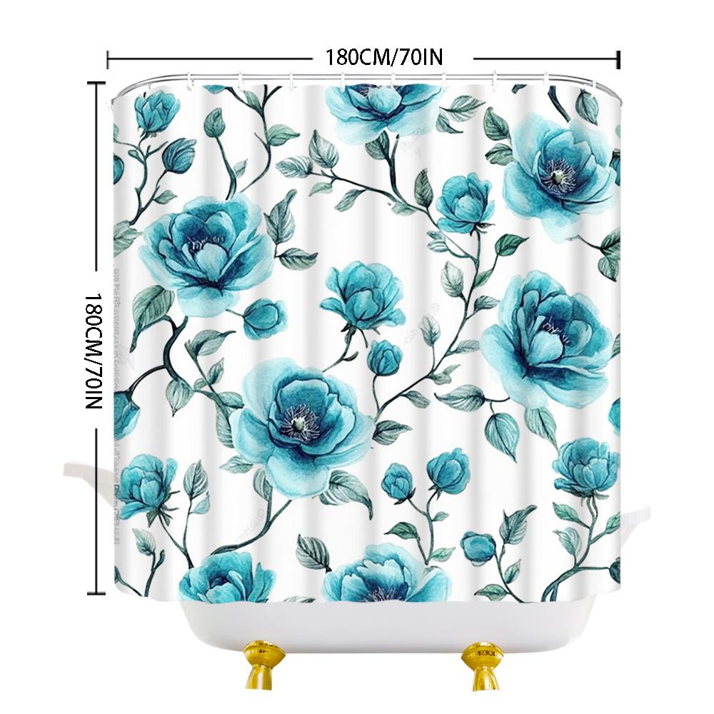 1 Stück Eleganter Aqua-Blauer Floraler Duschvorhang - Polyesterstoff, Maschinenwaschbar, Geeignet für Badezimmerdekoration