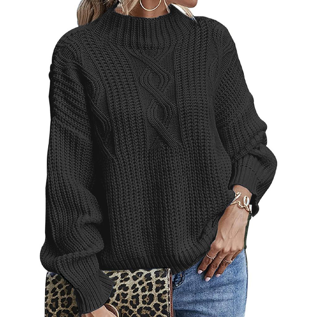 Damen Schwarzer Lockerer Pullover Hoher Kragen Bequemer Kragen Pullover Einfarbig Gestrickt Langarmpullover