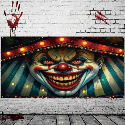 Large Polyester Clown Evil Smile Halloween Garage Door Banner - Holiday Outdoor Wall Decoration Photo Booth Props