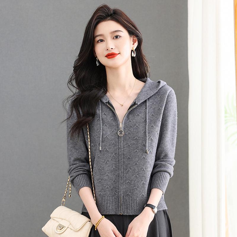 Damen-Strickjacke mit Kapuze und Reißverschluss für Frühling und Herbst