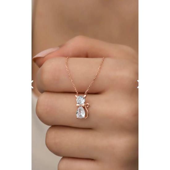 925 Sterling Silver White Zircon Stone Cat Necklace