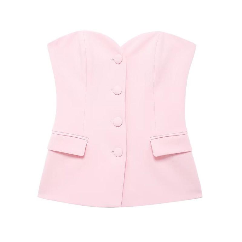 Elegant Solid Vest Pants Women Outfit Sexy Tube Single Breasted Pocket Tank Top Loose Zippers Trousers Summer Lady Outfit