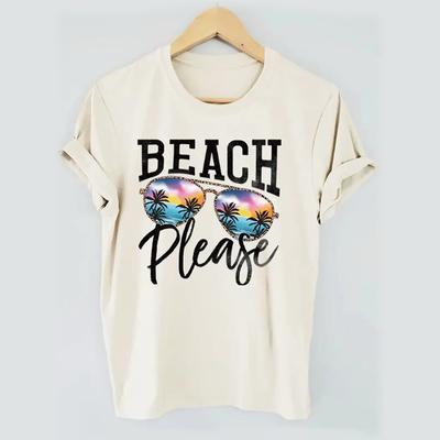 Mode Dam Solglasögon Strand T-shirt Boktryck Rolig Casual O-ringning Kortärmad T-shirt Sommar Dam T-shirt