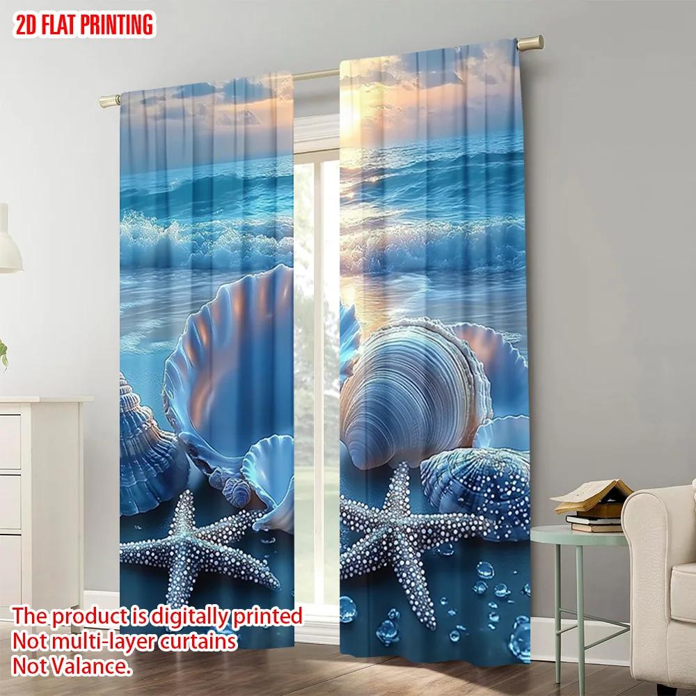 2pcs   plane printing Popular Curtain Panels Seashell and Pearl Beach Scene Polyester Fabric (without rod) All Seasons for