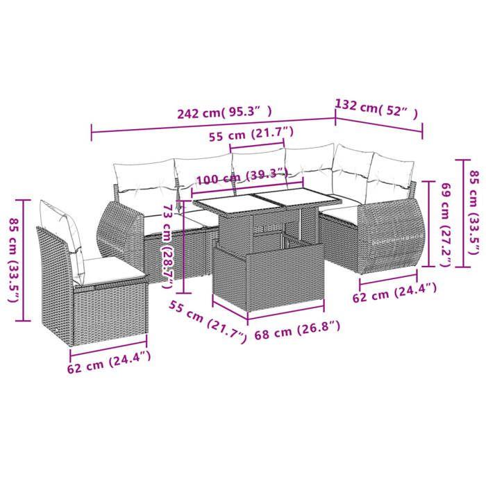 VidaXL Salon de jardin 7 pcs avec coussins noir résine tressée 3268566