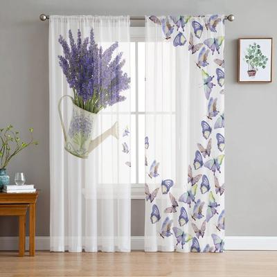 Purple Flower Lavender Butterfly Sheer Curtains for Living Room Decoration Window Curtain Kitchen Tulle Voile Organza Drapes