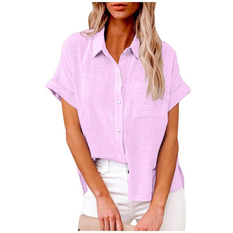 Fashion Short Sleeved Casual Women Summer Shirt Plus Size Elegant Lapel Casual Office Blouse Woman Loose Solid Color Women's Clothing