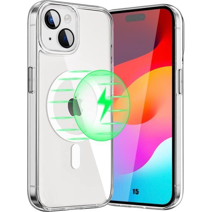 Coque pour iphone 15 avec anneau magnétique, antichoc transparent rigide + protection verre trempé caméra arrière