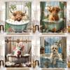Funny Highland Cow Shower Curtain Farm Cartoon Pig Dog Flower Plant Rustic Farmhouse Kid Polyester Fabric Bathroom Decor Curtain