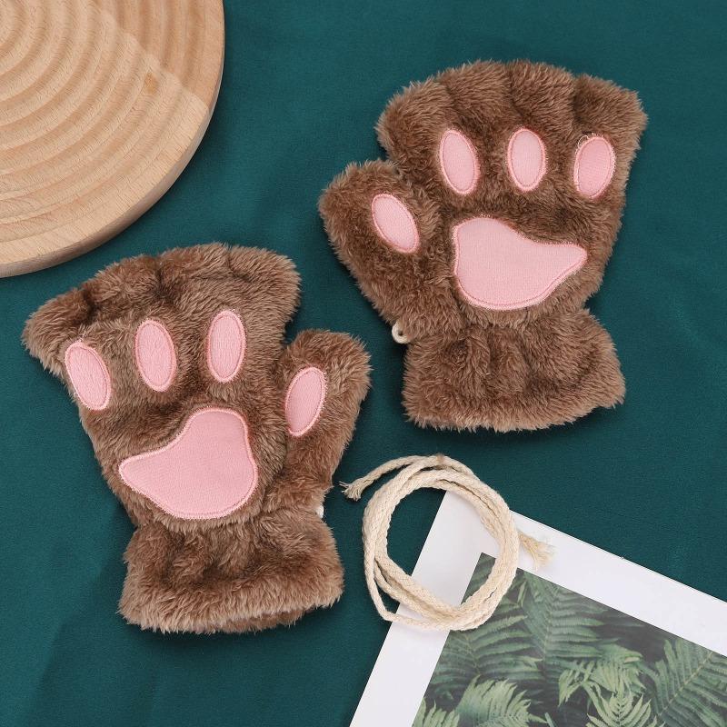 Cartoon cat claw gloves female winter cute girl bare finger thickened warm bear paw plush half finger gloves