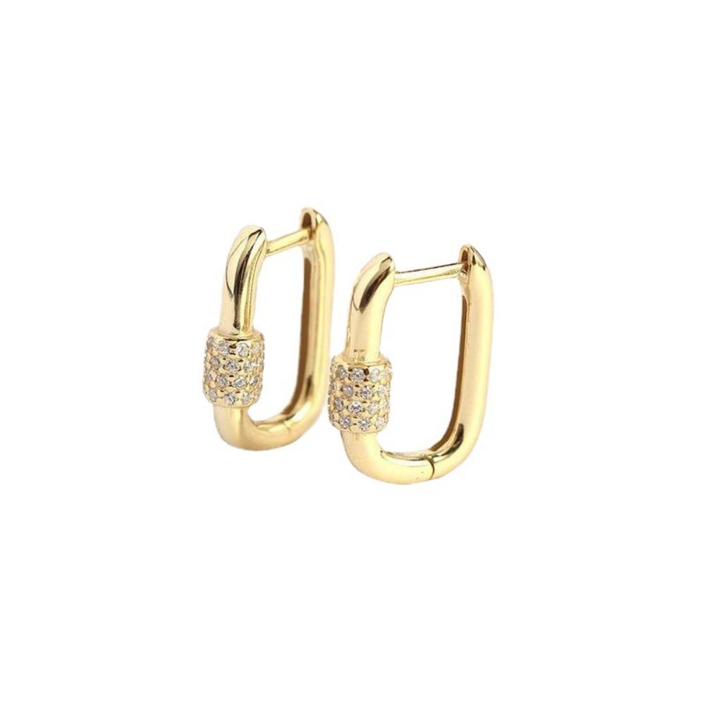 Premium Minimalist Gold Color Geometric Lock-Shaped Zircon Hoop Earrings Women's Personality Banquet Party Anniversary Jewelry