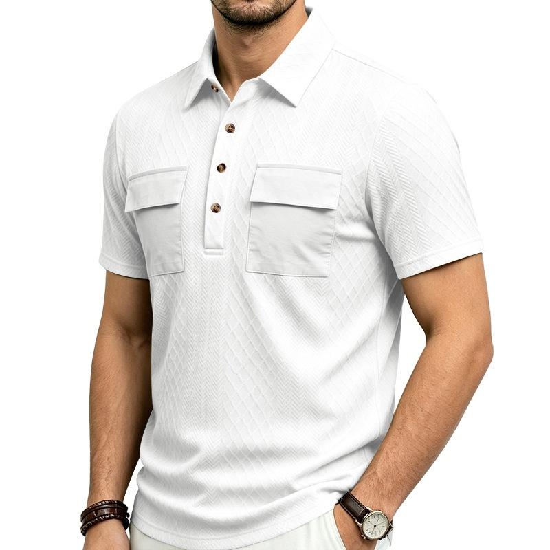 Men s White Embossed Textured Short Sleeve Polo Shirt With Dual Chest Pockets S белый