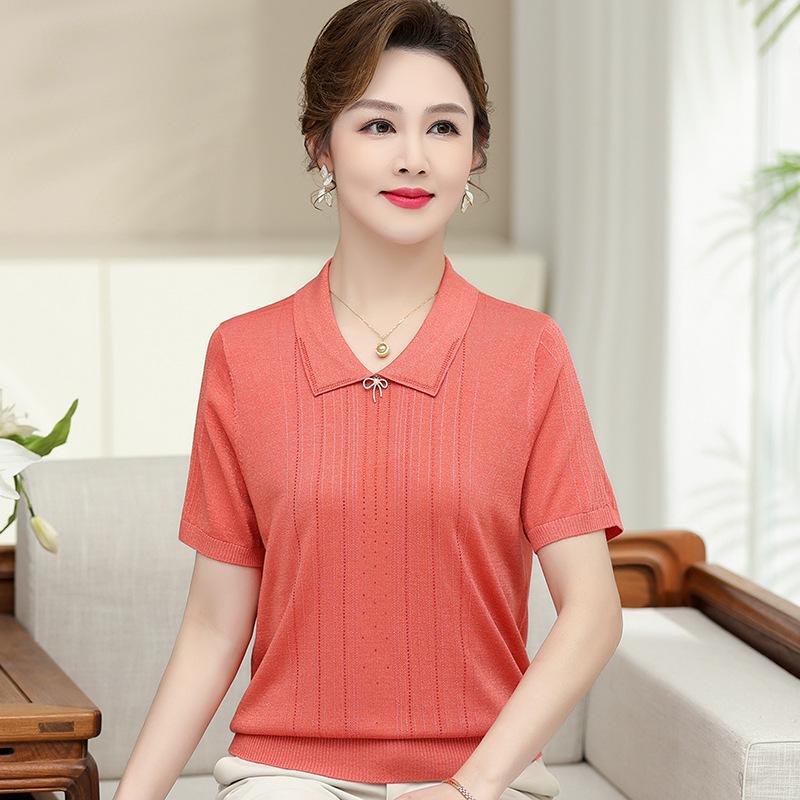 

Elegant Plus Size Ice Silk Knit Tops for Moms - Short Sleeve Summer T-shirts for Stylish Middle-aged Women XL (100-110 lbs) оранжевый/красный