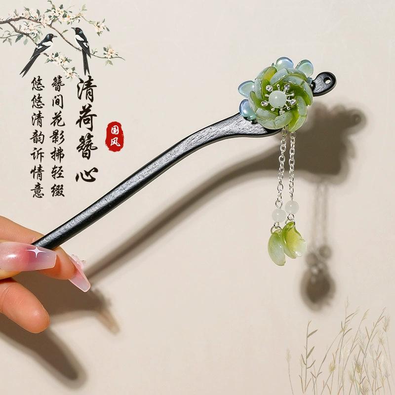 1Pc Wooden Hairpin Headwear for Women'S Chinese Flower Tassel Hair Sticks Headdress Elegant Hair Styling Accessories Gifts