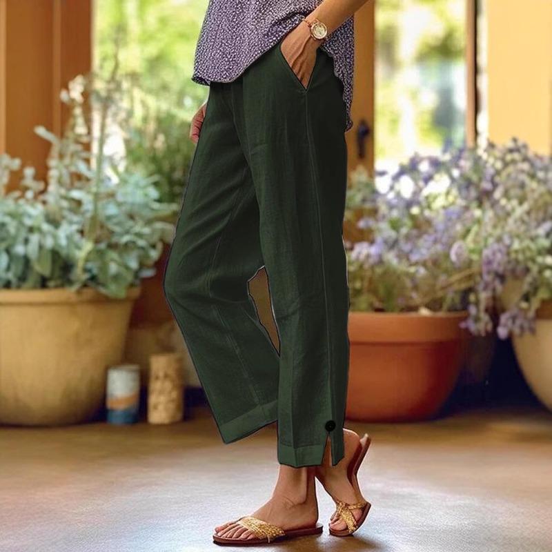 Women's Casual Pants Cotton and Linen Blend Elastic Waist Pocket Fashion Simple Slit Button Basic Versatile Straight Leg Pants