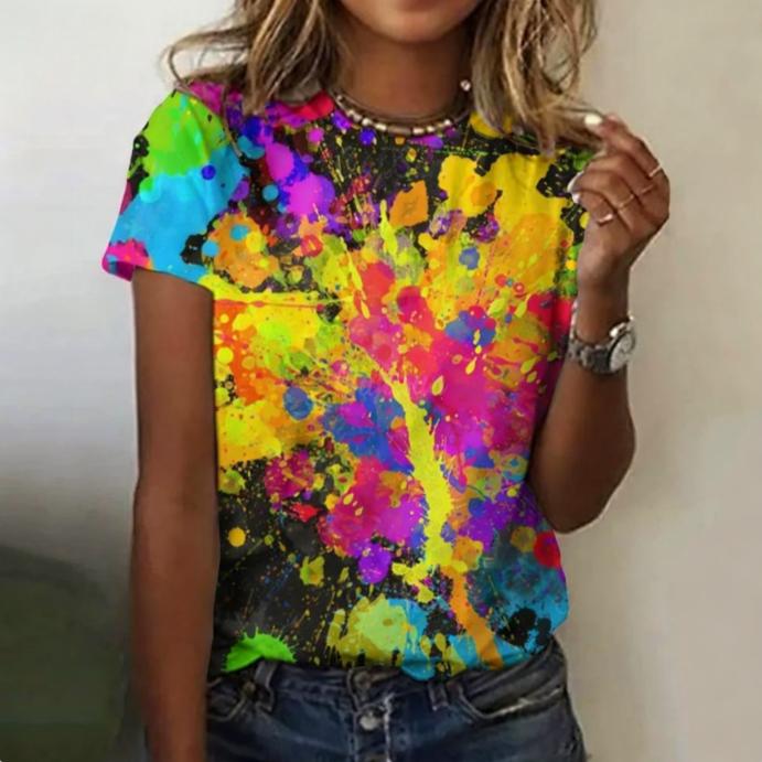 Round Neck 3D Colorful Printed Fashionable Casual Short Sleeved Women's T-shirts - Soft Medium Stretch Polyester Fabric Summer Relaxed Fit Clothing
