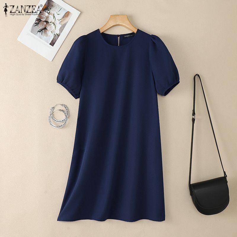 ZANZEA Women Casual Round Neck Solid Color Summer Short Sleeve Dress