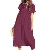 Damen Maxikleid aus Baumwolle und Leinen, lässig, kurzärmelig, V-Ausschnitt, Sommerkleid, lockeres, plissiertes langes Strandkleid für den Sommerurlaub