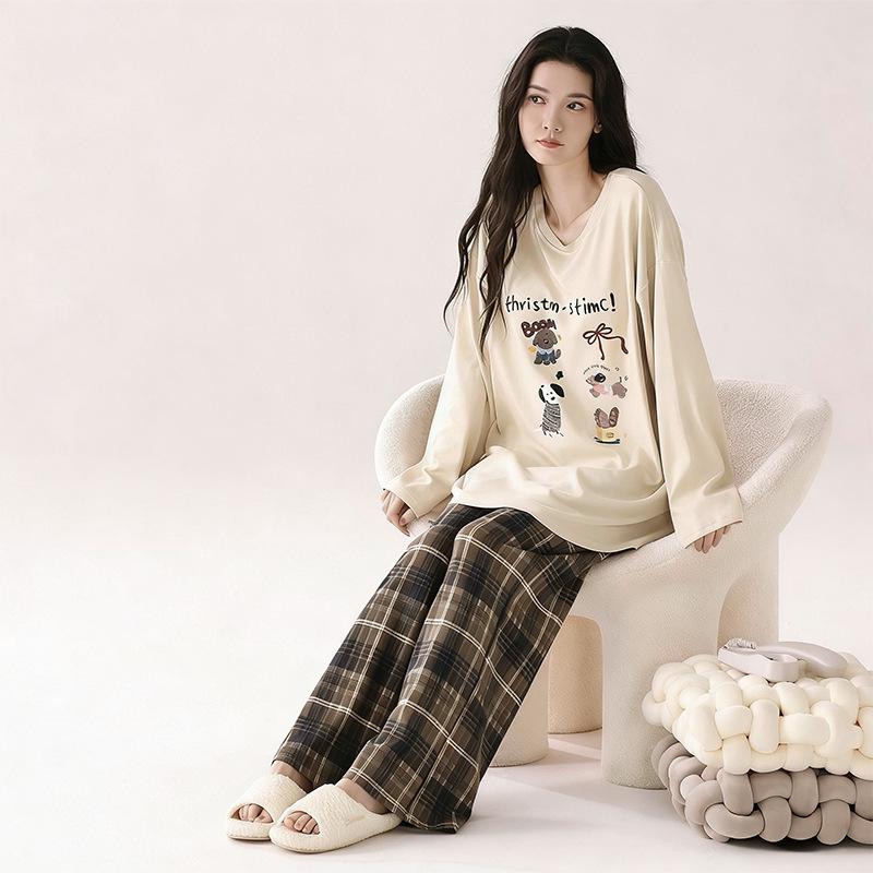Ensemble Pyjama Automne/Hiver pour Femme: Coton à manches longues, Style coréen, Design mignon de dessin animé d'ours au thé au lait