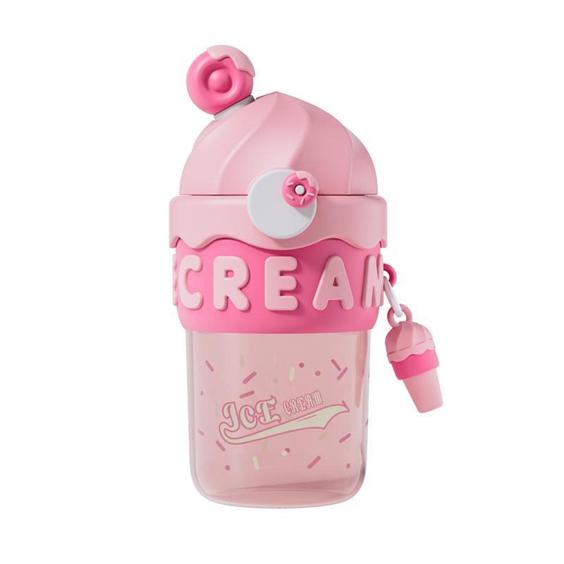 Cute Cartoon Plastic Water Cup, Double-drinking Straw Cup for Female Office Workers, Ice Cream Space Cup