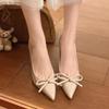Fashion Sweet Bowknot Decoration Patent Leather Slip On Pumps Women 2025 Autumn Pointed Toe High Heel Pumps Fashion Party Dress Shoes