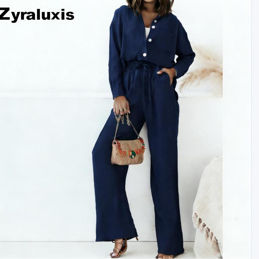 Loose Fashion Long Sleeve Shirt Wide Leg Pants Casual Pure Color Women's Set Old Money Style