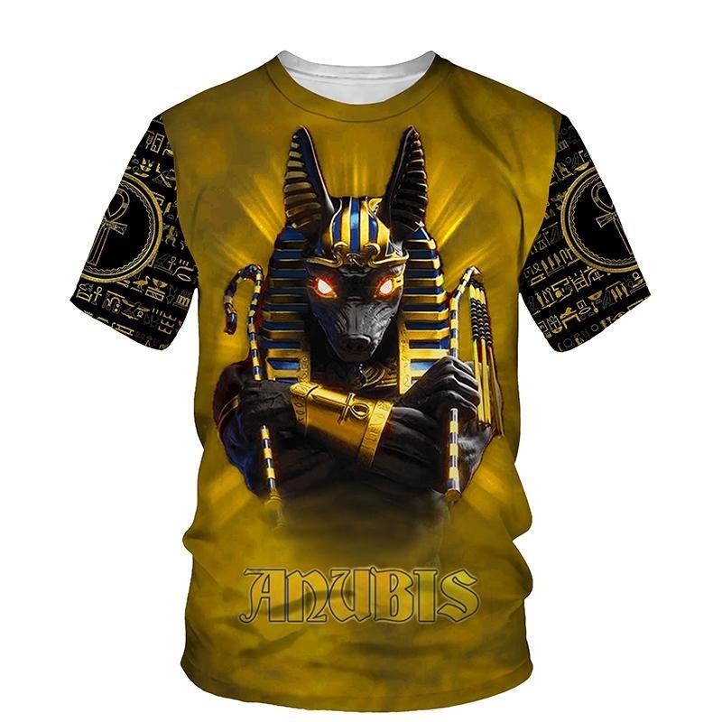 Ägyptisches Pharaonenmuster Herren T-Shirt Gold Einzigartige Persönlichkeit Trend O-Ausschnitt T-Shirts Ägypten Anubis Sensenmann Kurzarm Tee