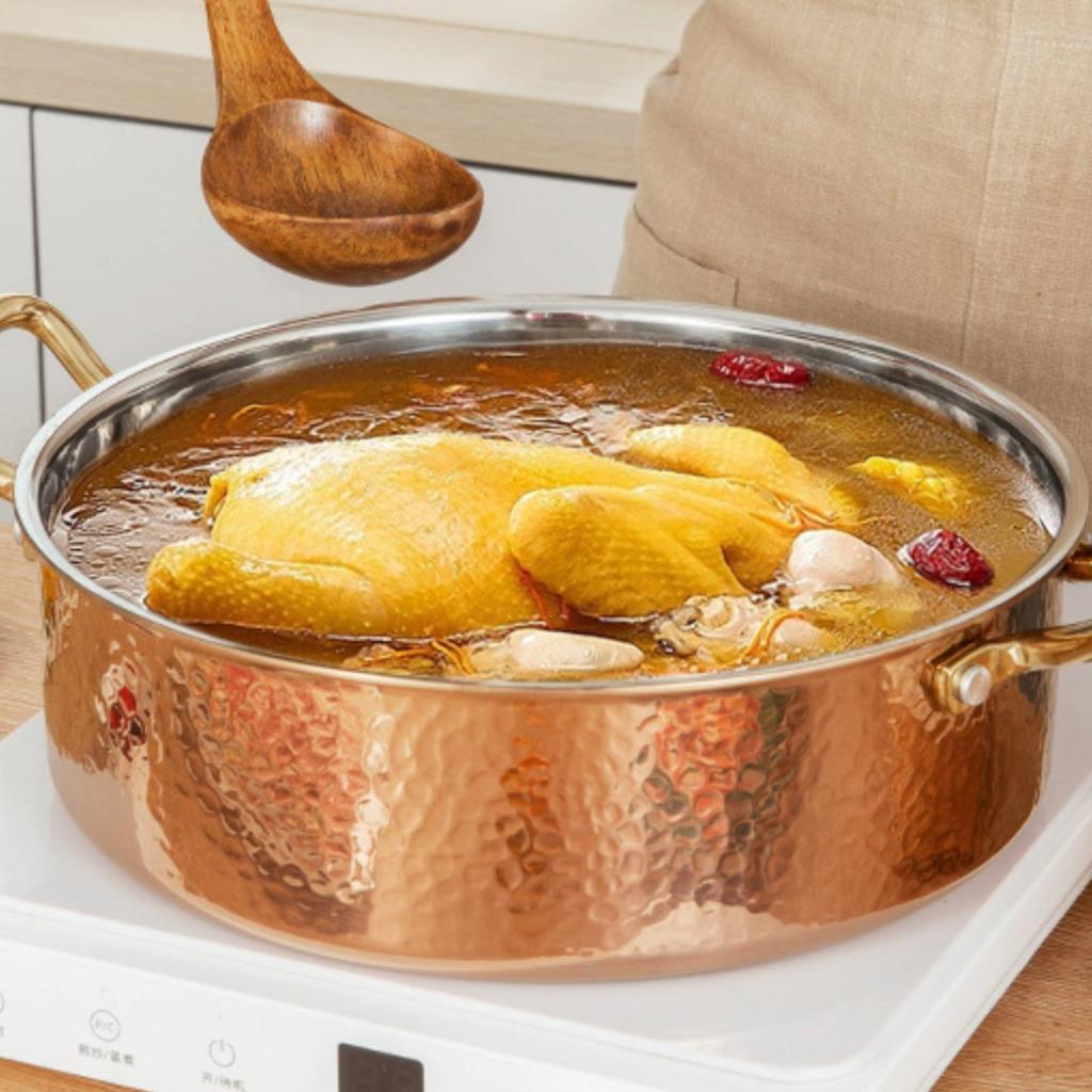 Copper Chafing Dish Hammered Ramen Soup Casserole Pan Lid Multifunctional Even Heating Suitable for
