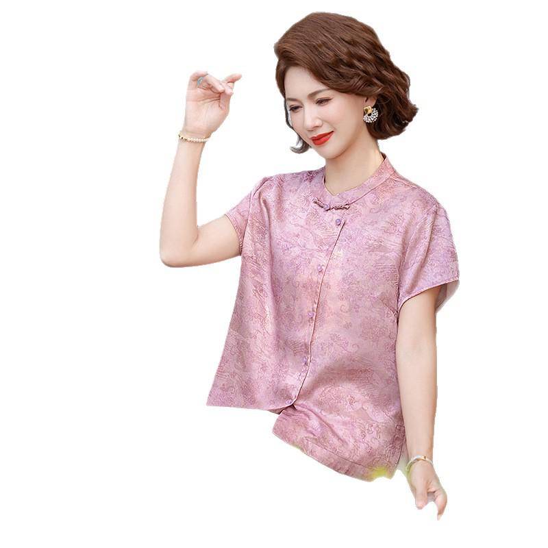 2026 New Style Chinese Stand Collar Top: Fashionable Printed Frog Button Shirt for Middle-Aged & Elderly Women