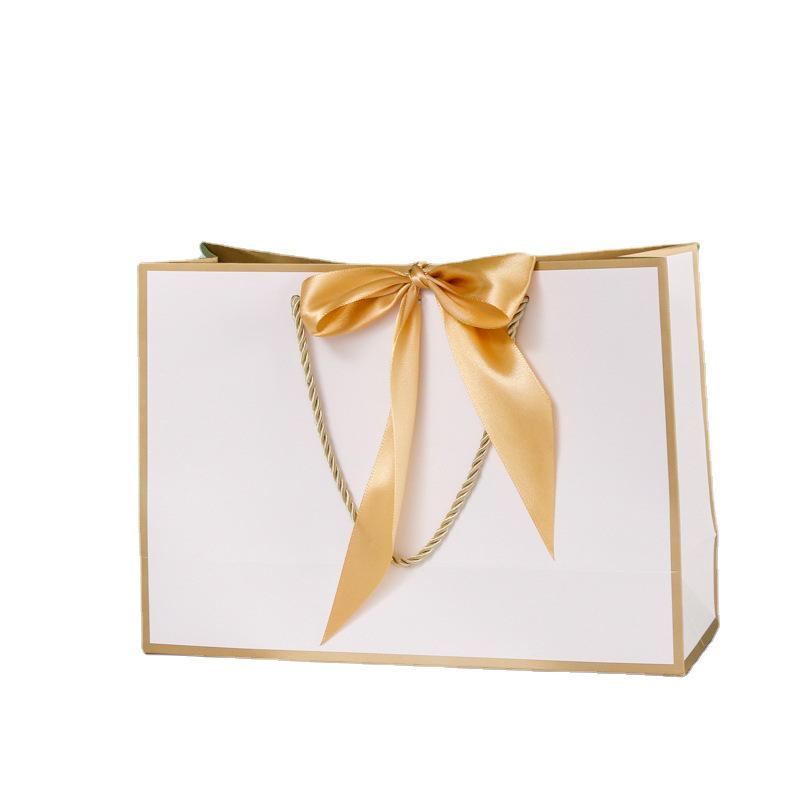 In-Stock White Cardboard Gift Bags with Bow Handle, Customizable Logo for Clothing Stores