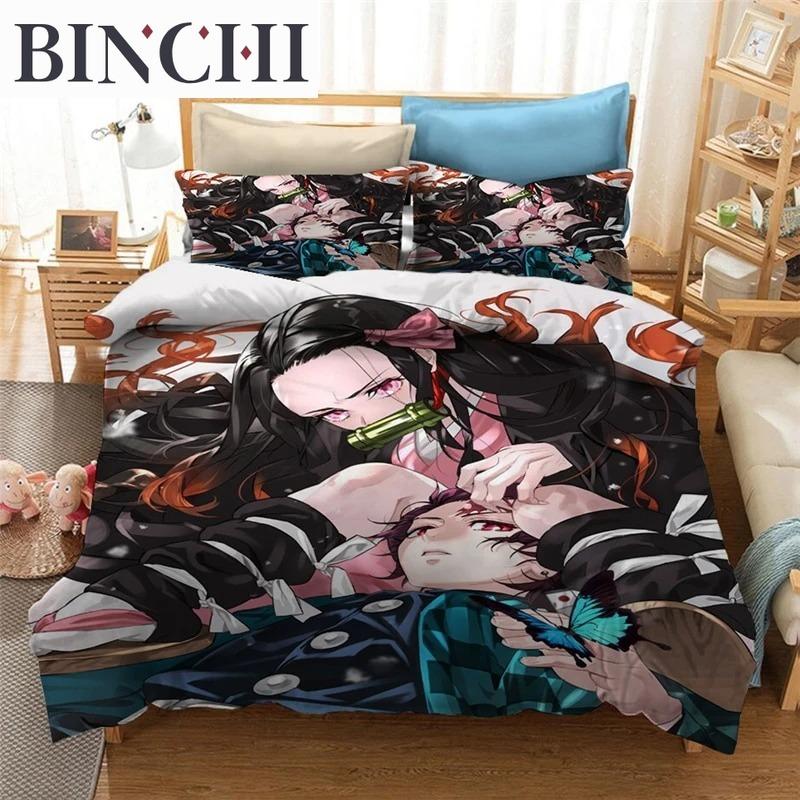 Set Biancheria da Letto Stampato 3D Demon Slayer Giappone Anime Copripiumini Piumone Biancheria da Letto Tessili per la Casa Biancheria da Letto