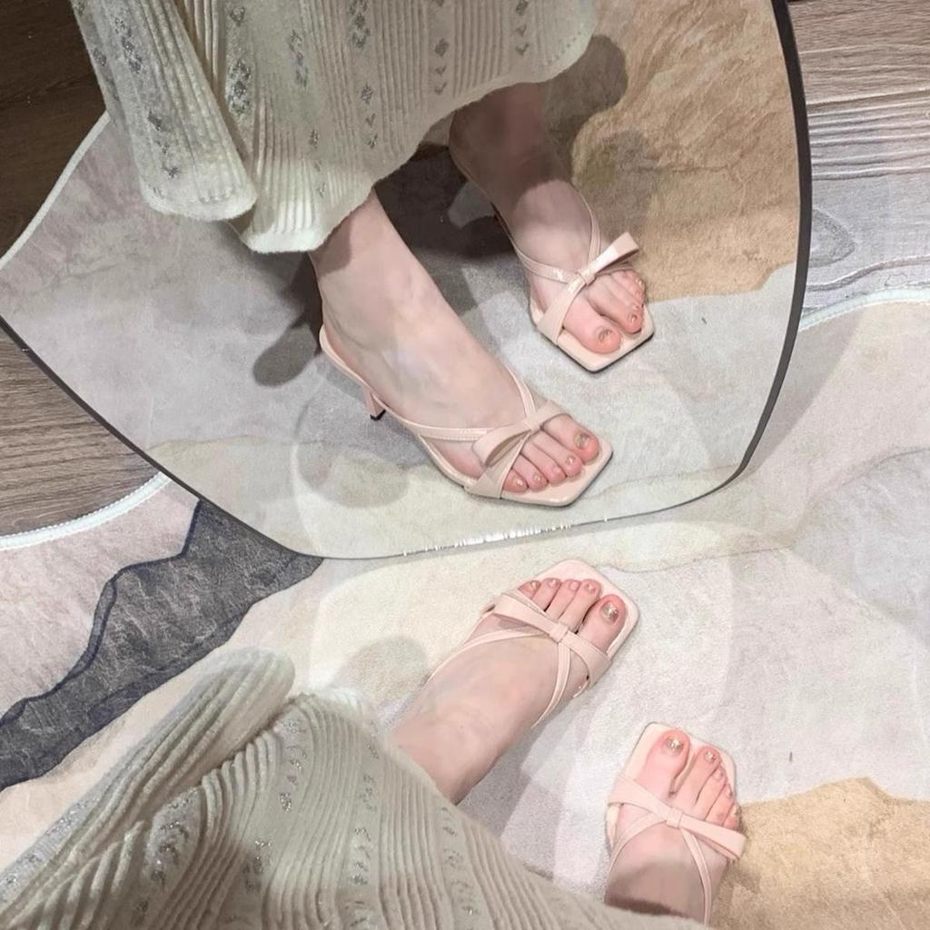 Daily sexy pure desire style square head thin heel sandals new summer wear high value personalized bow high heels
