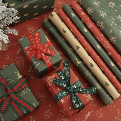 1/6pcs Christmas Wrapping Paper Vintage Kraft Paper Christmas Tree Snowflake Pattern Gift Wrapping Paper Bouquet Wrapping