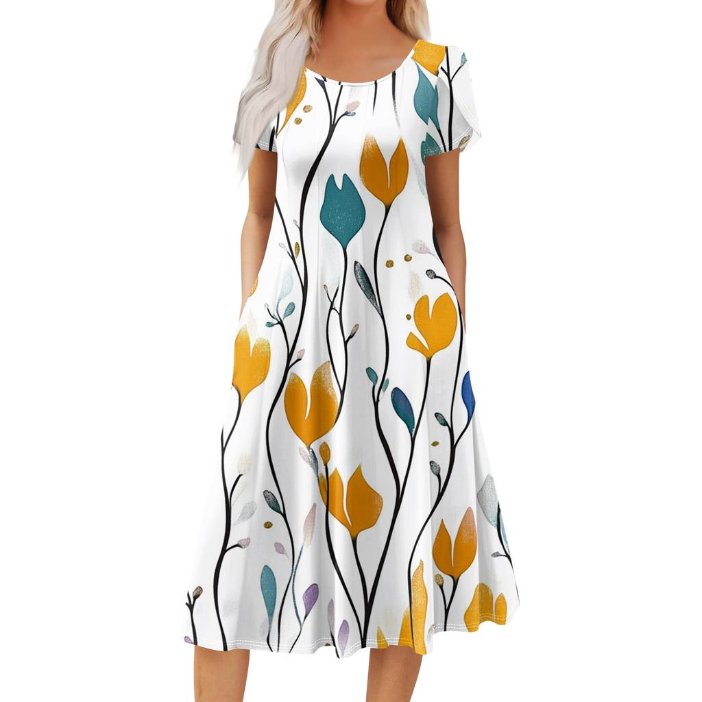 Women's Casual Fashion Round Neck Printed Short Sleeve Pocket Dress