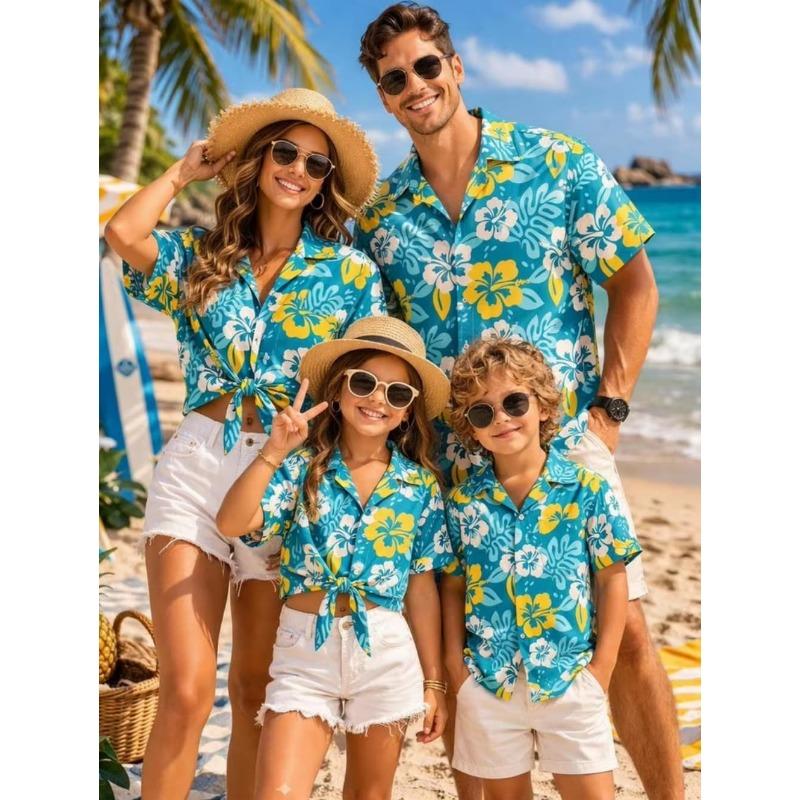 Summer Men's Family Wear Beach Hawaiian Shirt Tropical Summer Style Sandcastle Palm Tree Print Shirt Vacation Gift Child T-Shirt
