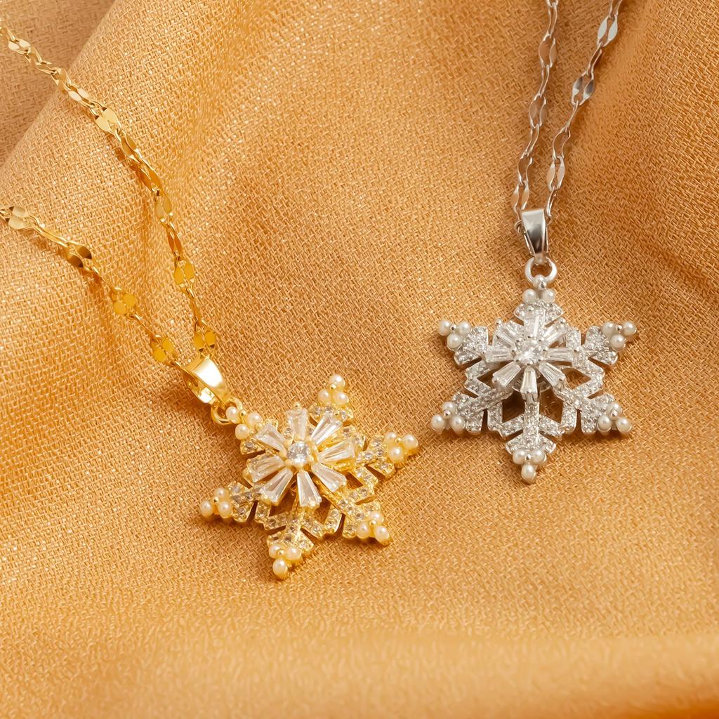 Edelstahl Schneeflocken Anhänger Halskette mit synthetischem Zirkonia, Drehbar Damen Schmuckset