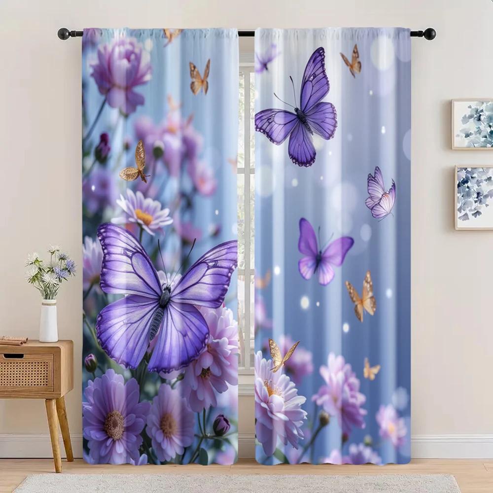 2pc    Window Curtains Butterfly Pattern Versatile Polyester  Without Electricity Versatile Use for College Dormitory Decoration