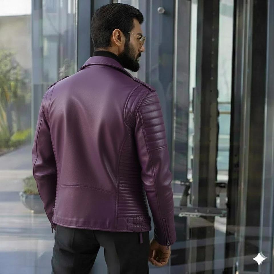 Lambskin Leather Motorcycle Men's Purple Handmade New Jacket Real Biker Stylish Causal