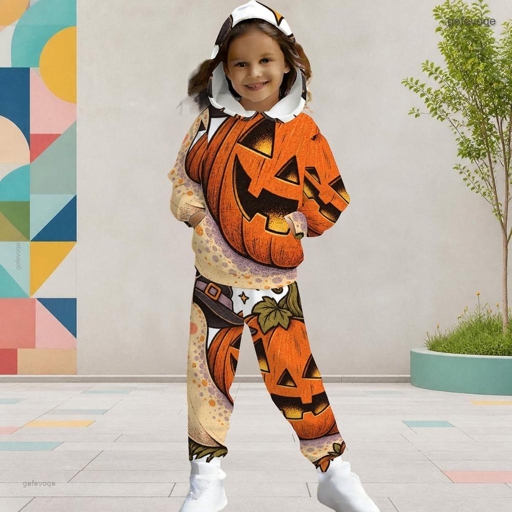 Girls Halloween Cartoon Printed Hooded 2 Piece Outfits Long Sleeve Kangaroo Pocket Top Cuffed Pants