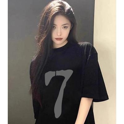 Women's Summer Short-Sleeved Cotton T-Shirt - Korean Style, Number 7 Print, Loose Fit, Casual Pullover