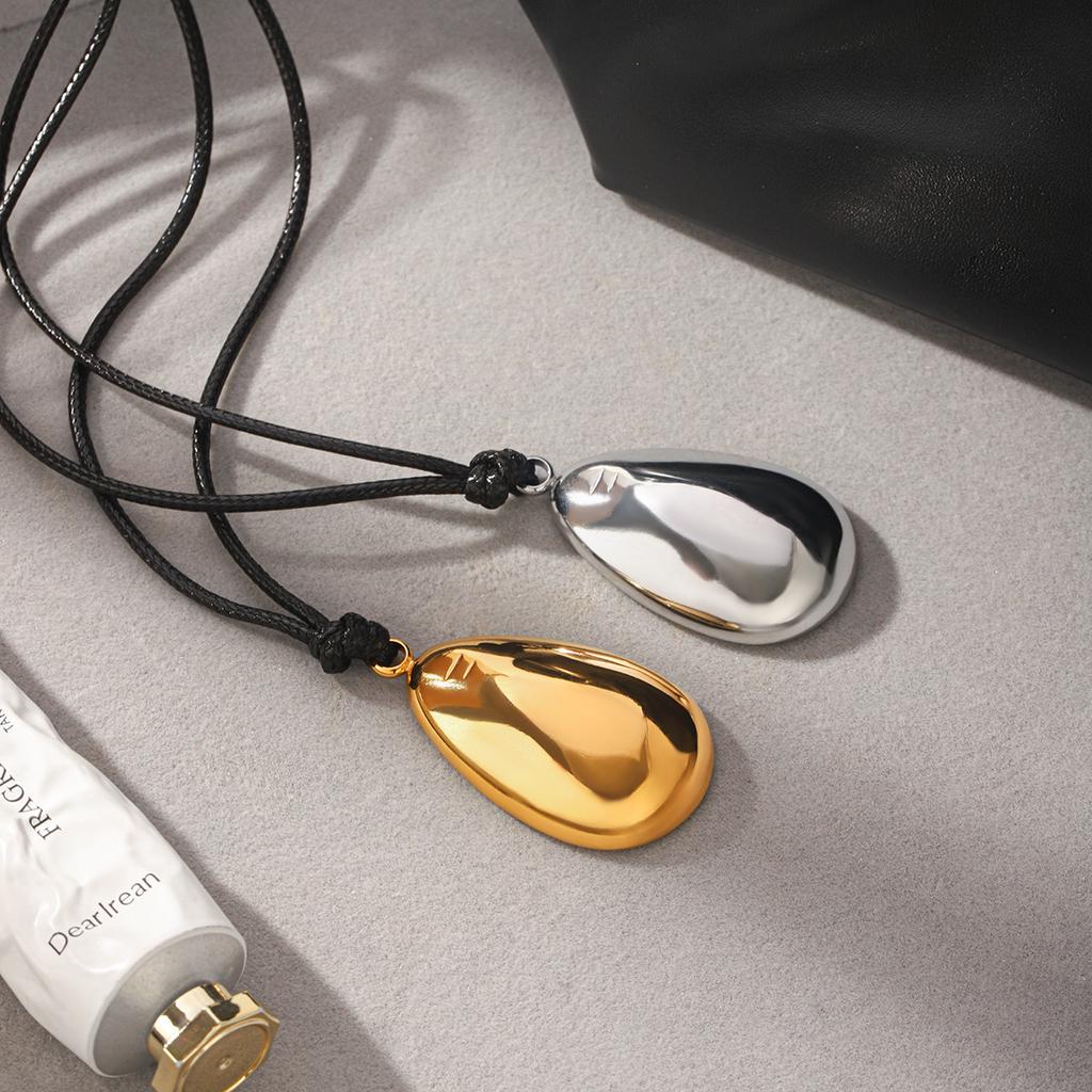 Stainless Steel Irregular Geometric Pendant Leather Cord Necklace, Premium Western Style Instagram-inspired Sweater Chain